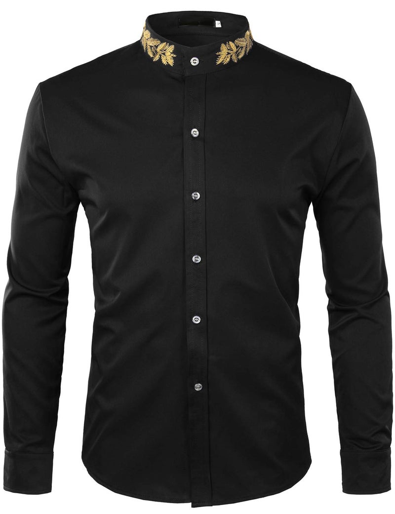 ZEROYAA Mens Hipster Gold Embroidery Mandarin Collar Slim Fit Long Sleeve Casual Dress Shirts Z52 Black Large - Image 1